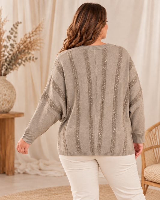 ROMY - PULL OVERSIZE TAUPE AVEC PETIT SEQUINS JUSQU'A LA TAILLE 56