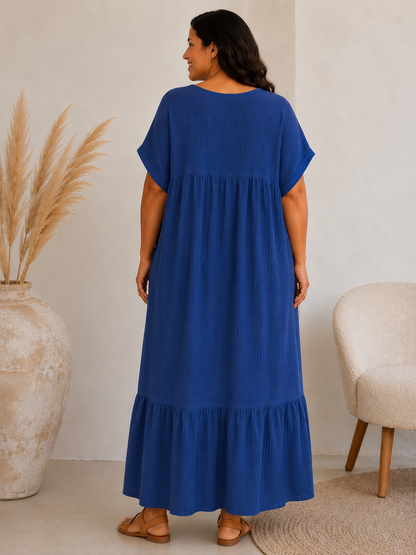 LAURETTE - ROBE LONGUE BLEUE EN GAZE DE COTON JUSQU'A LA TAILLE 54