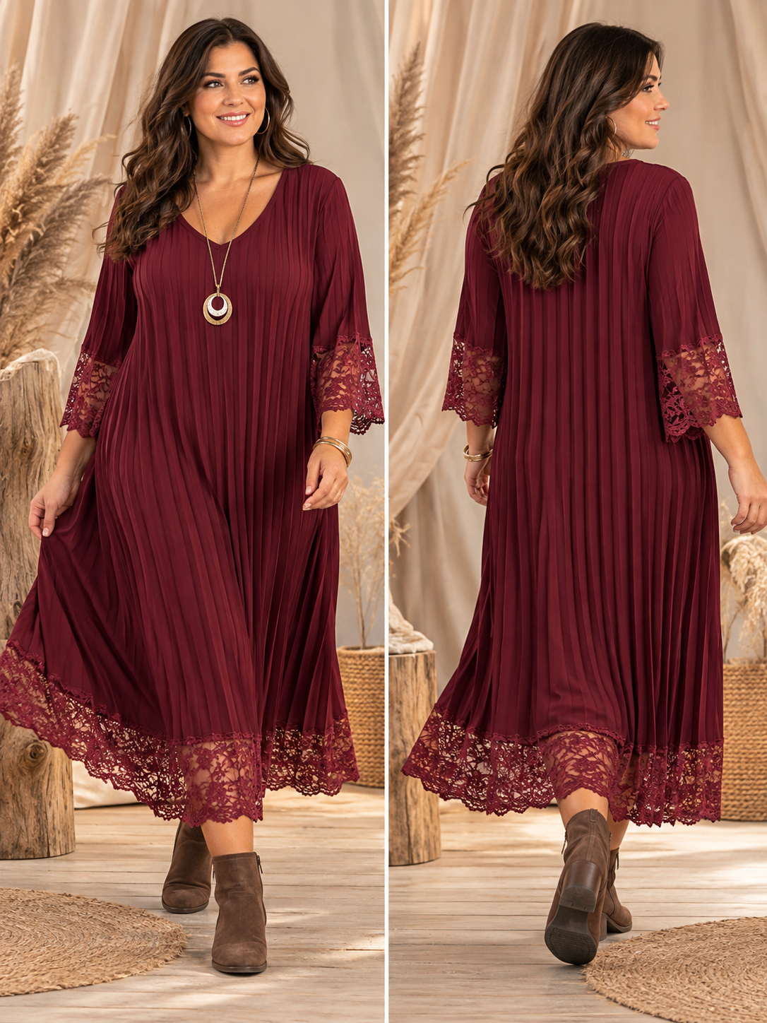 ROMANE - ROBE BORDEAUX PLISSEE AVEC DENTELLE JUSQU'A LA TAILLE 54