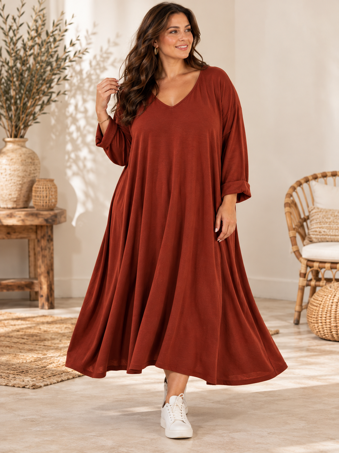CHRISTA - ROBE TRAPEZE ROUILLE EN MAILLE JUSQU'A LA TAILLE 56