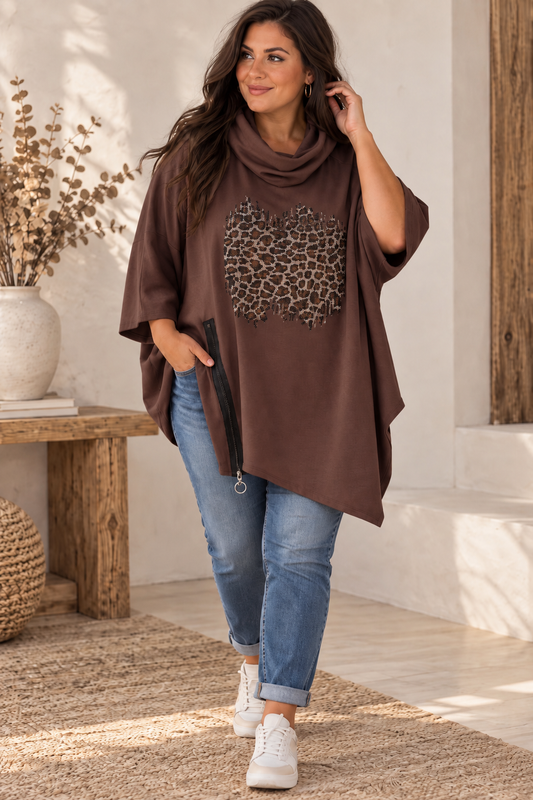 MARICK - TUNIQUE OVERSIZE MARRON GRAND COL JUSQU'A LA TAILLE 56
