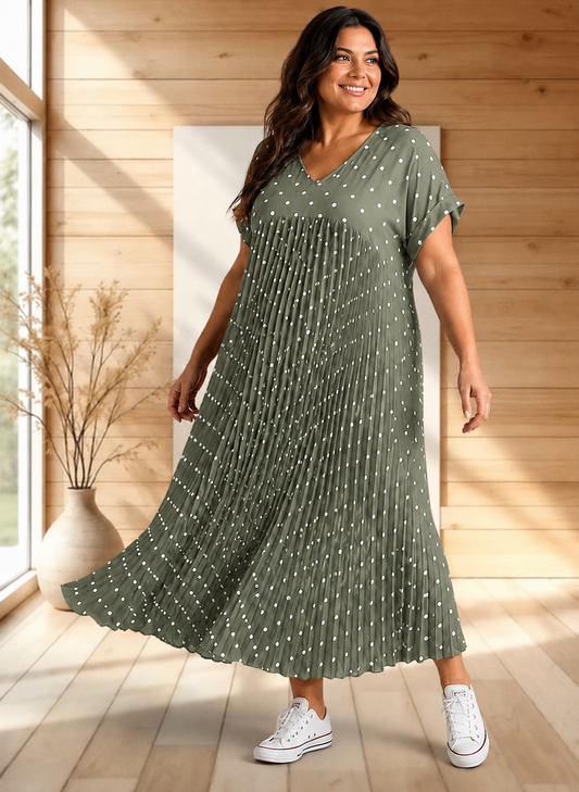 MELODIE - ROBE KAKI A POIS PLISSEE JUSQU'A LA TAILLE 56