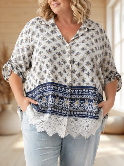 CHRISTEL - CHEMISE MOTIF MARINE AVEC DENTELLE JUSQU'A LA TAILLE 58