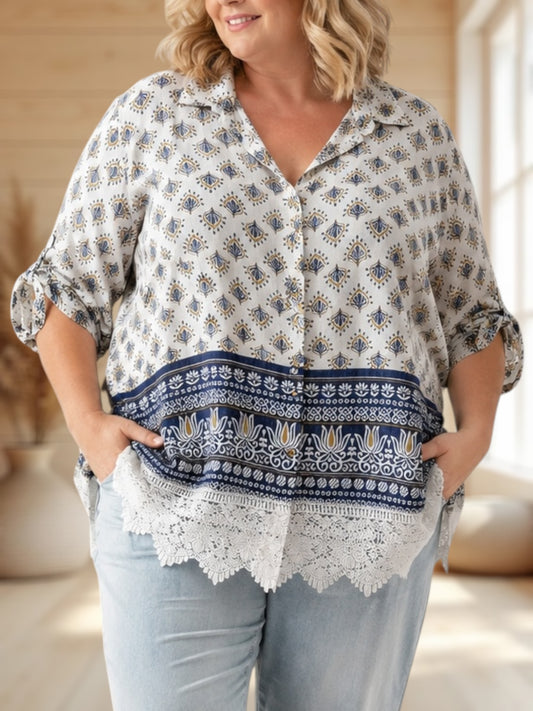 CHRISTEL - CHEMISE MOTIF MARINE AVEC DENTELLE JUSQU'A LA TAILLE 58