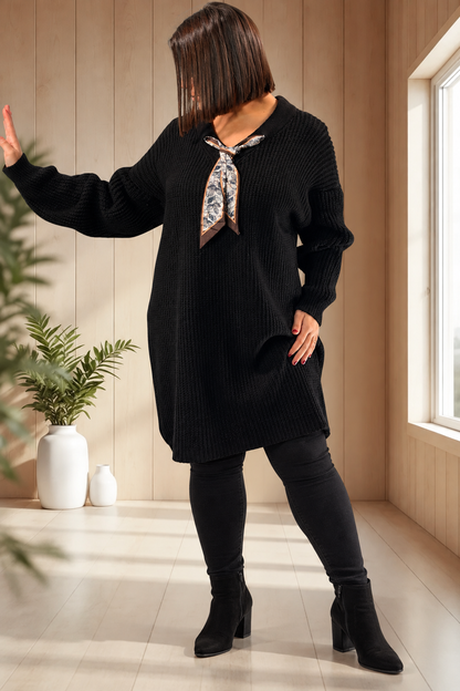 ALEXANDRA - PULL OVERSIZE NOIR AVEC CRAVATE JUSQU'A LA TAILLE 54/56