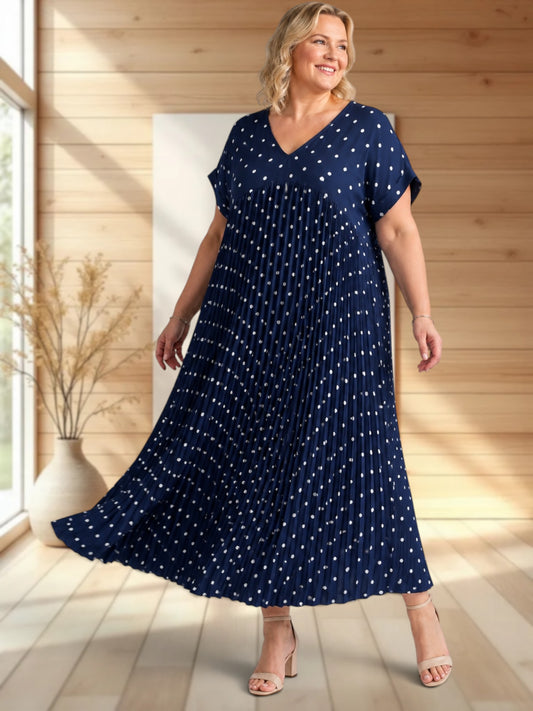 MELODIE - ROBE MARINE A POIS PLISSEE JUSQU'A LA TAILLE 56