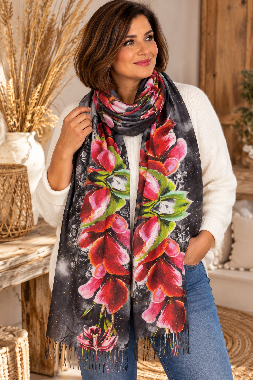 PIVOINE - ECHARPE NOIR A FLEUR
