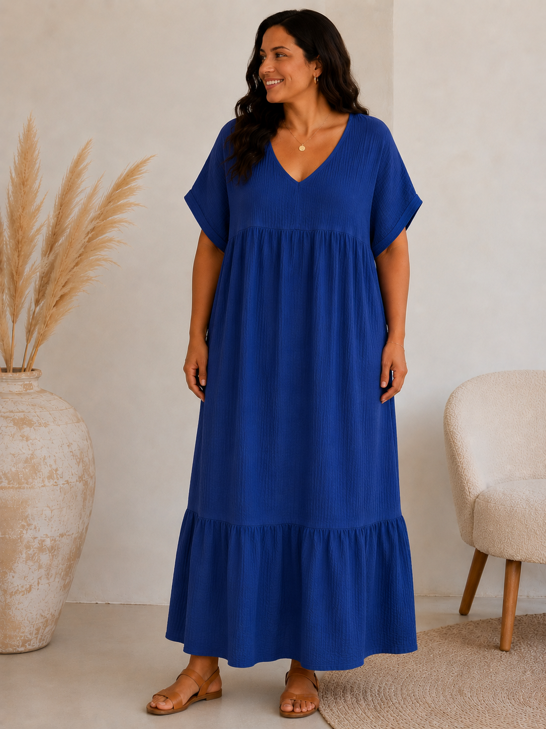 LAURETTE - ROBE LONGUE BLEUE EN GAZE DE COTON JUSQU'A LA TAILLE 54