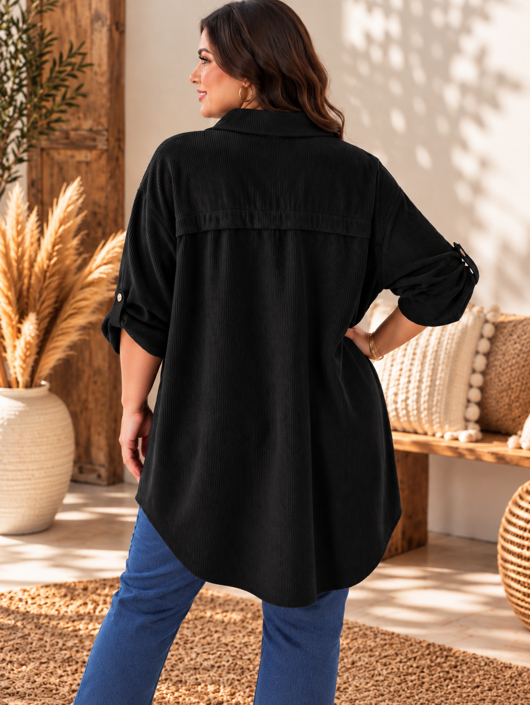DORIS - CHEMISE OVERSIZE NOIRE EN VELOURS JUSQU'A LA TAILLE 58