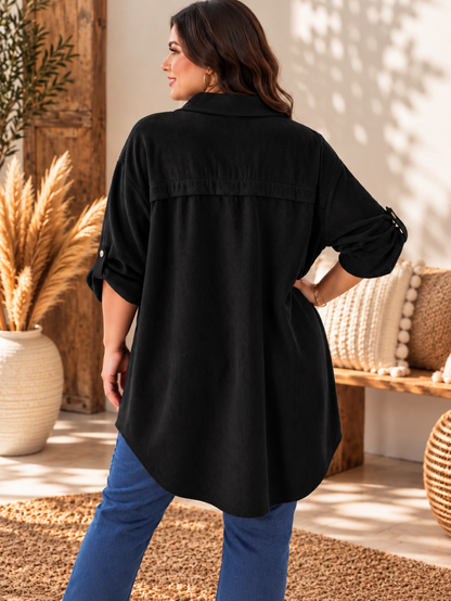 DORIS - CHEMISE OVERSIZE NOIRE EN VELOURS JUSQU'A LA TAILLE 58