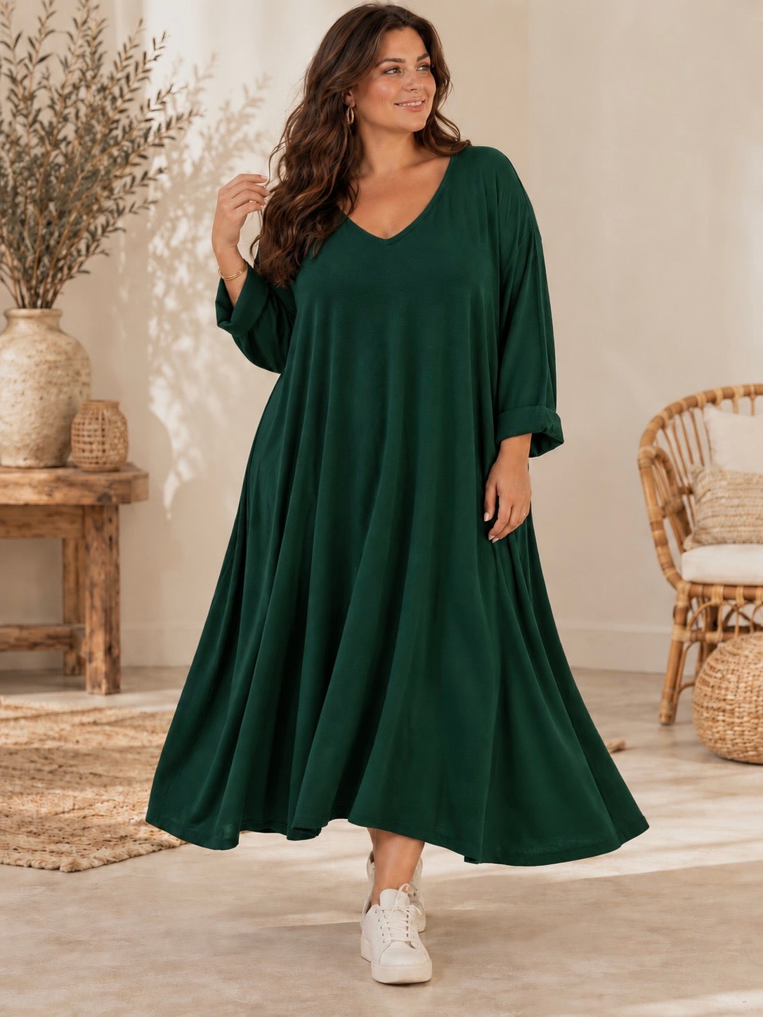 CHRISTA - ROBE TRAPEZE VERTE EN MAILLE JUSQU'A LA TAILLE 56