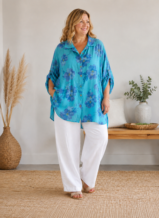 LILIBELLE - CHEMISE BLEUE A FLEUR JUSQU'A LA TAILLE 58