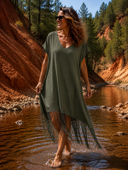 CANYON - ROBE KAKI AVEC FRANGES JUSQU'A LA TAILLE 54/56