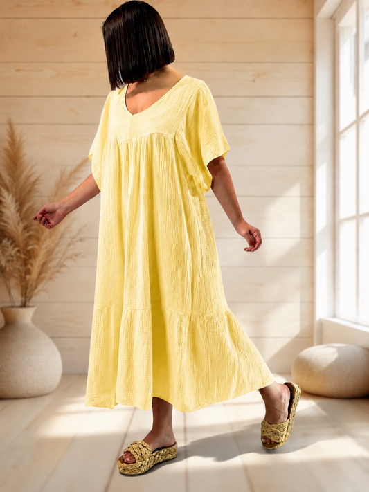 LAURETTE - ROBE LONGUE JAUNE EN GAZE DE COTON JUSQU'A LA TAILLE 54