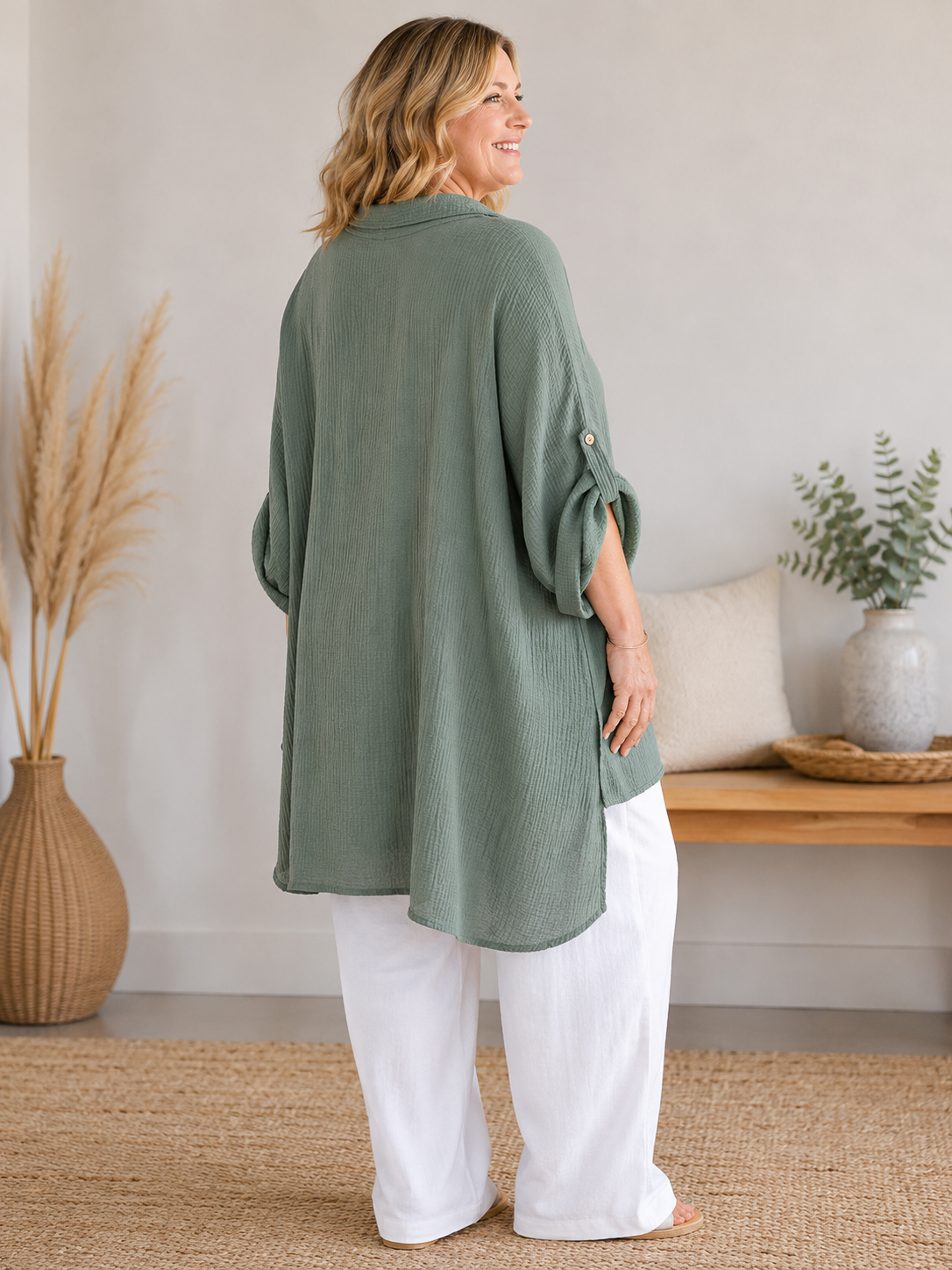 AXELLE - CHEMISE KAKI EN GAZE DE COTON JUSQU'A LA TAILLE 58