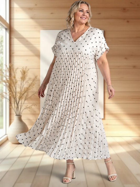 MELODIE - ROBE BLANC CASSE A POIS PLISSEE JUSQU'A LA TAILLE 56