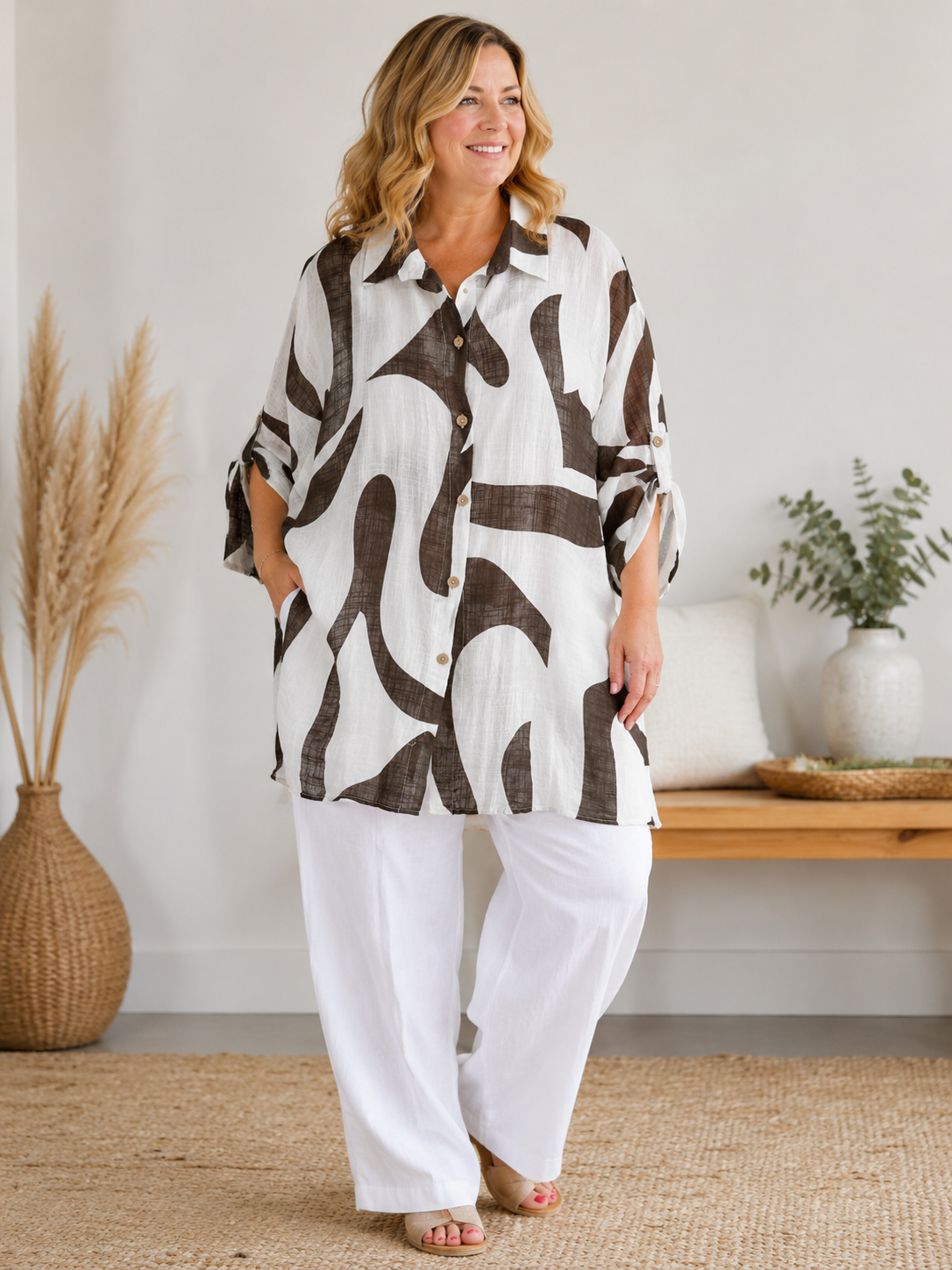 DELPHINE - CHEMISE MOTIF MARRON JUSQU'A LA TAILLE 58