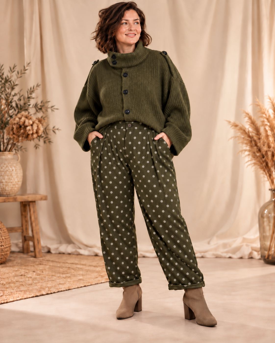 NINO - PANTALON KAKI A POIS TAILLE 46 A 52/54