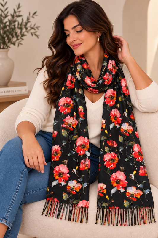 ELENA - ECHARPE NOIRE A FLEUR