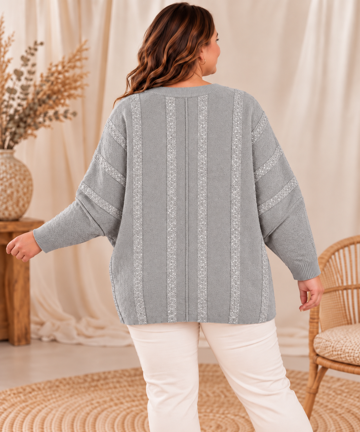 ROMY - PULL OVERSIZE GRIS AVEC PETIT SEQUINS JUSQU'A LA TAILLE 56