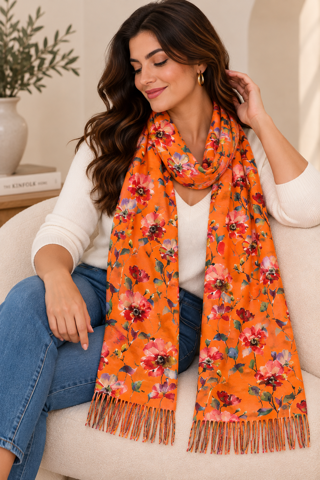 ELENA - ECHARPE ORANGE A FLEUR