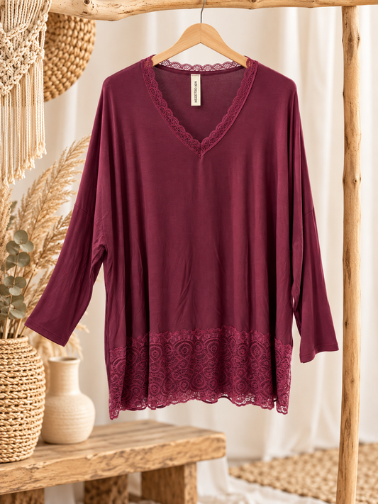 MONA - TOP BORDEAUX BORD EN DENTELLE TAILLE 48 A 56