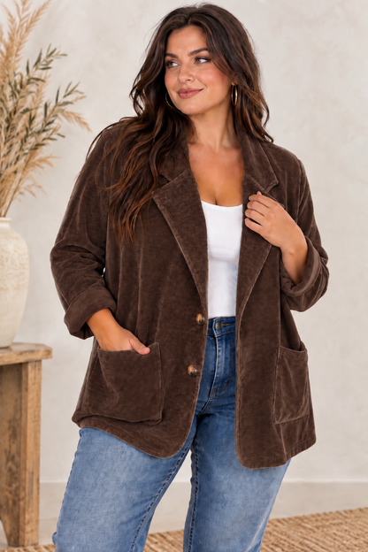 ORNELLA - VESTE MARRON EN VELOURS JUSQU'A LA TAILLE 54