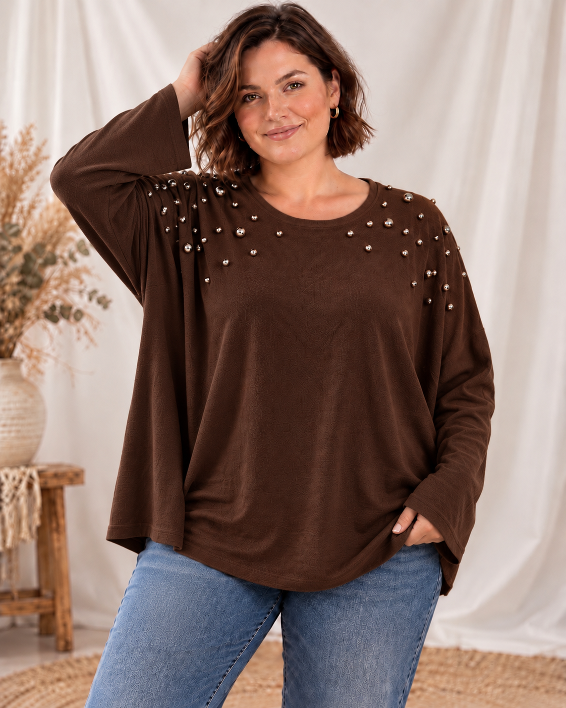 TERRY - PULL MARRON EN MAILLE AVEC CLOUS JUSQU'A LA TAILLE 54/56