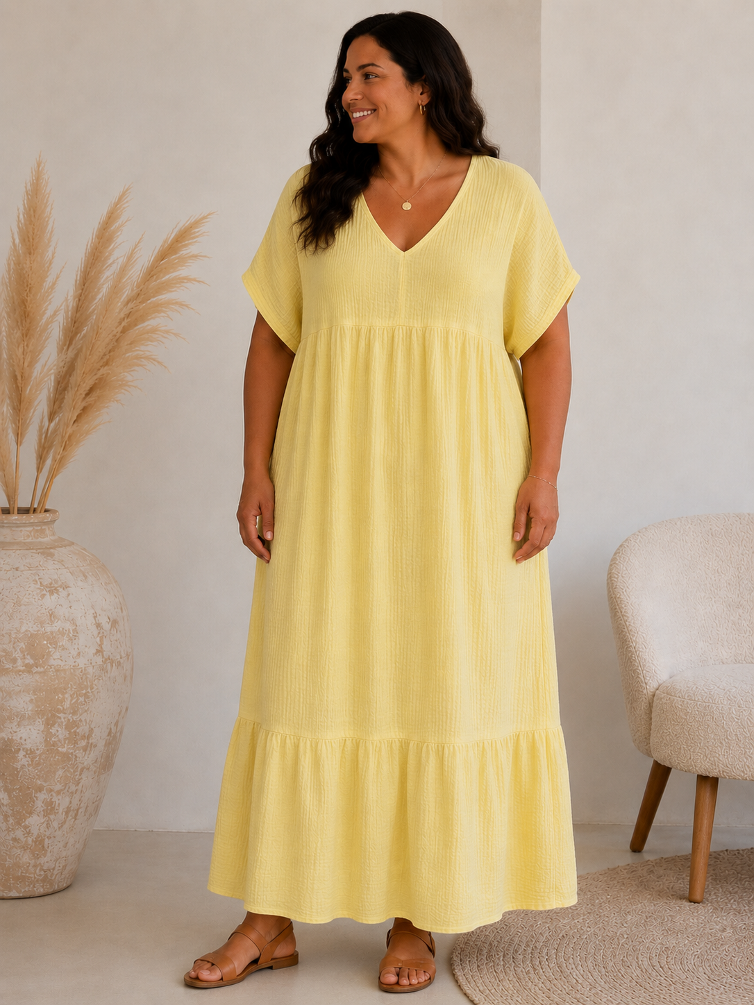 LAURETTE - ROBE LONGUE JAUNE EN GAZE DE COTON JUSQU'A LA TAILLE 54