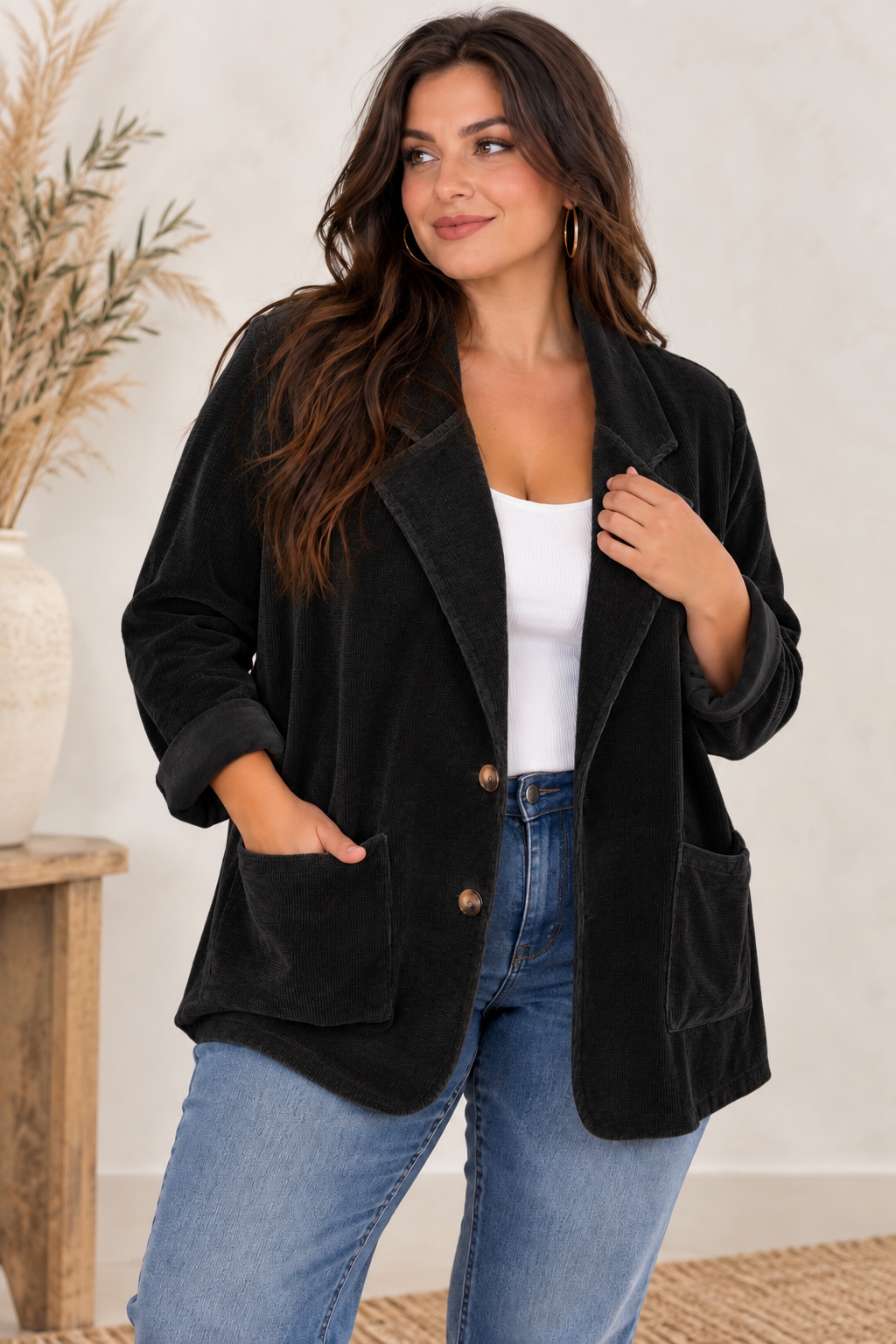 ORNELLA - VESTE NOIRE EN VELOURS JUSQU'A LA TAILLE 54