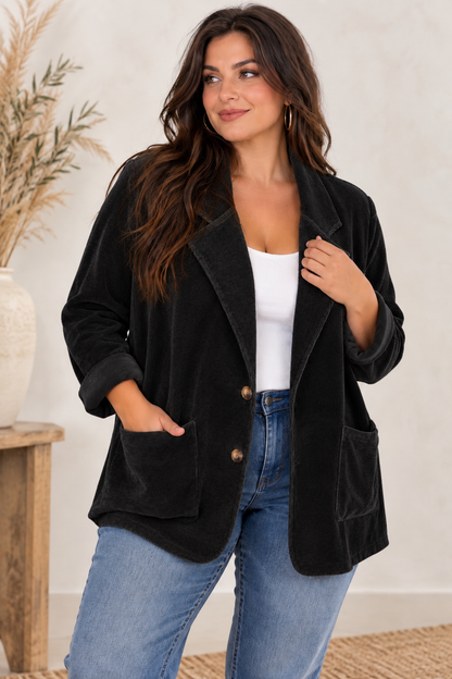 ORNELLA - VESTE NOIRE EN VELOURS JUSQU'A LA TAILLE 54