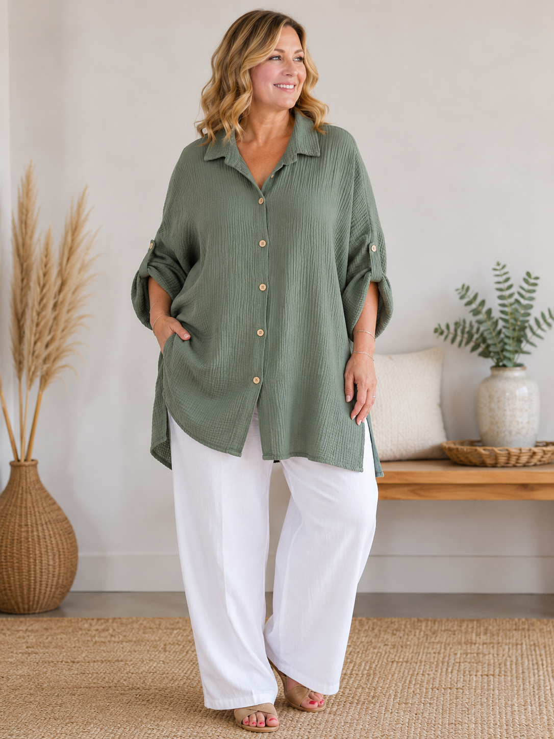 AXELLE - CHEMISE KAKI EN GAZE DE COTON JUSQU'A LA TAILLE 58