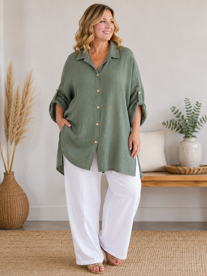AXELLE - CHEMISE KAKI EN GAZE DE COTON JUSQU'A LA TAILLE 58