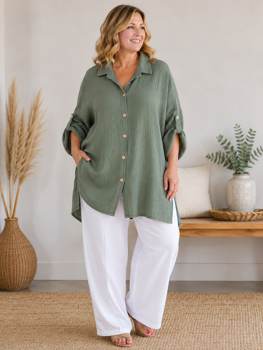 AXELLE - CHEMISE KAKI EN GAZE DE COTON JUSQU'A LA TAILLE 58