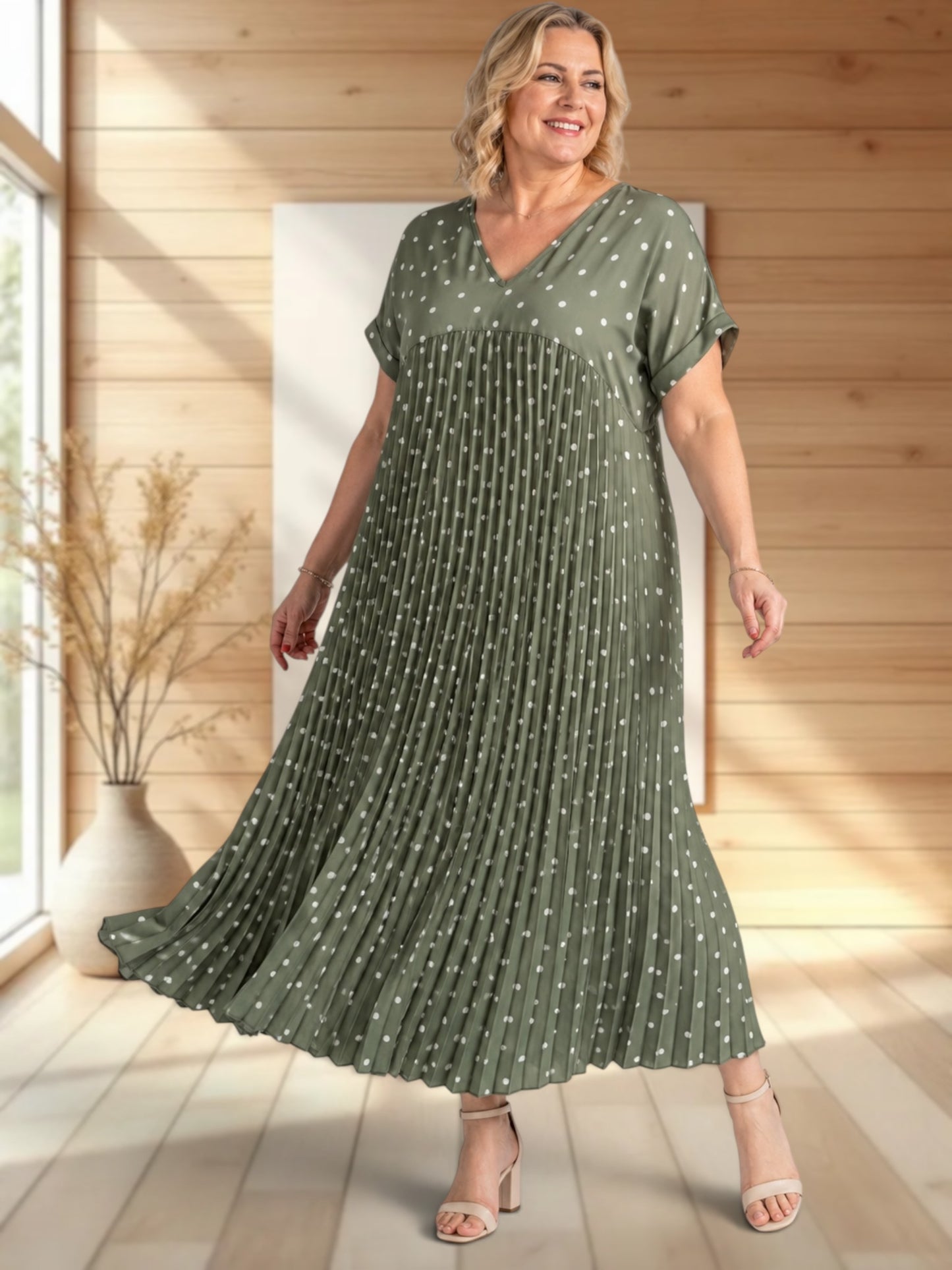 MELODIE - ROBE KAKI A POIS PLISSEE JUSQU'A LA TAILLE 56