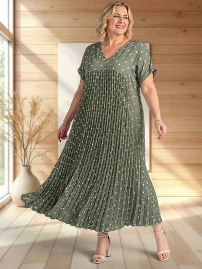 MELODIE - ROBE KAKI A POIS PLISSEE JUSQU'A LA TAILLE 56