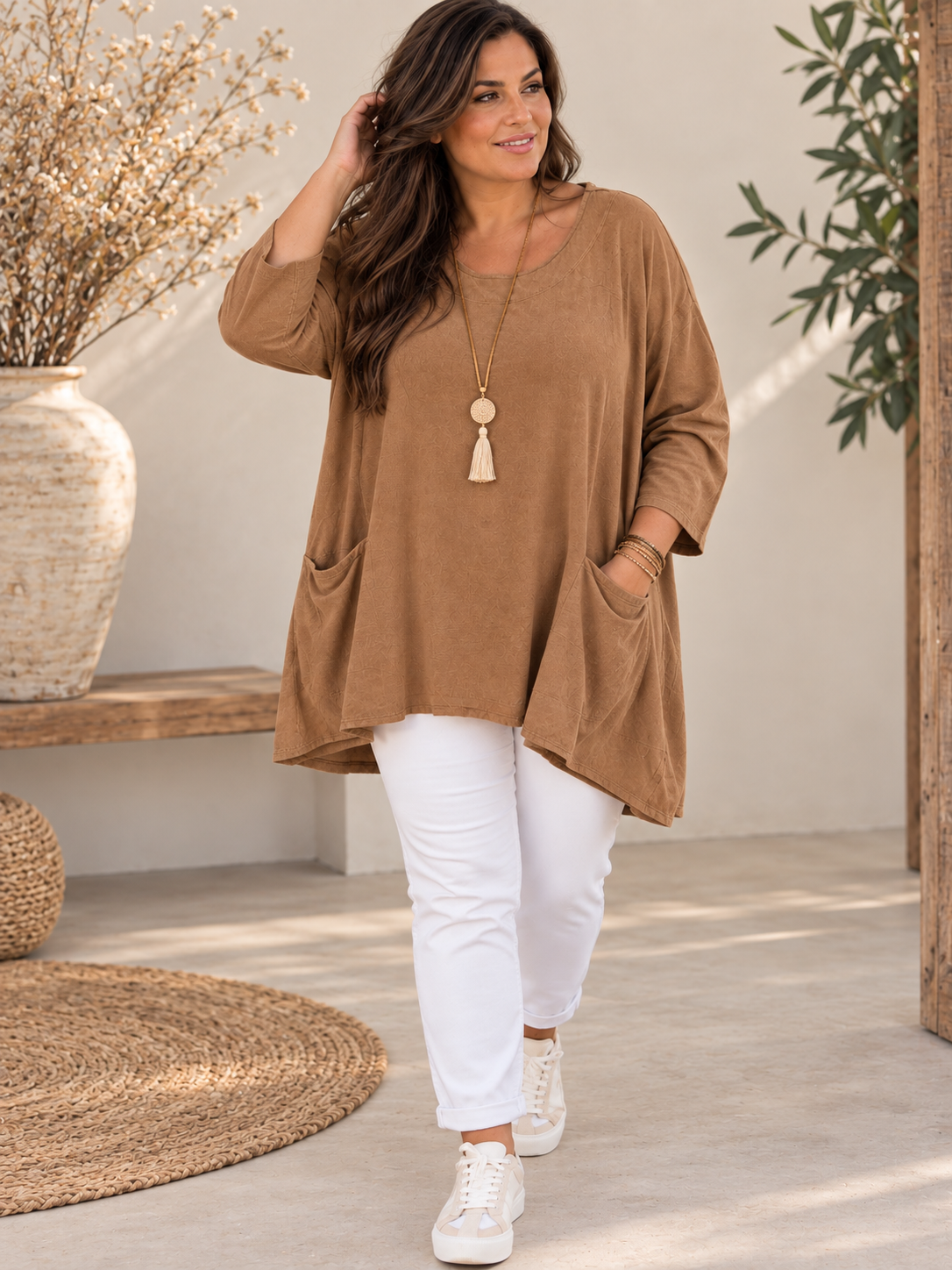 JULIE - TUNIQUE CAMEL EN VELOURS MILLERAIE JUSQU'A LA TAILLE 52