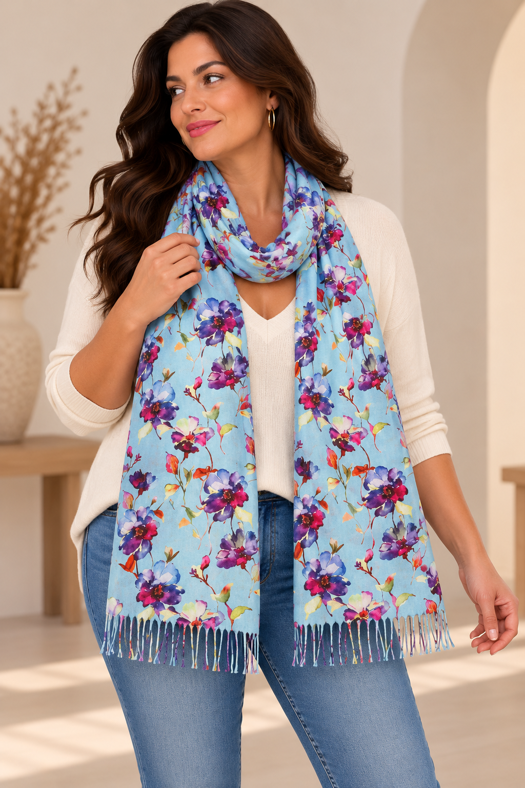 ELENA - ECHARPE BLEUE A FLEUR