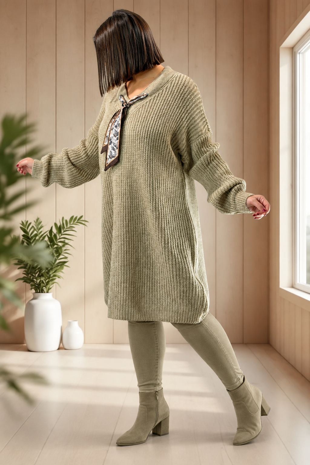 ALEXANDRA - PULL OVERSIZE BEIGE AVEC CRAVATE JUSQU'A LA TAILLE 54/56