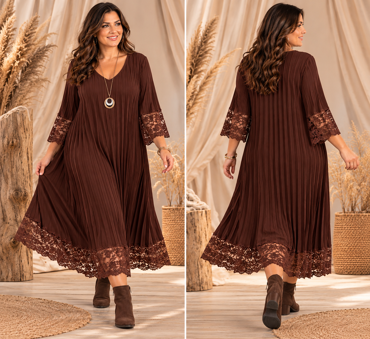 ROMANE - ROBE MARRON PLISSEE AVEC DENTELLE JUSQU'A LA TAILLE 54