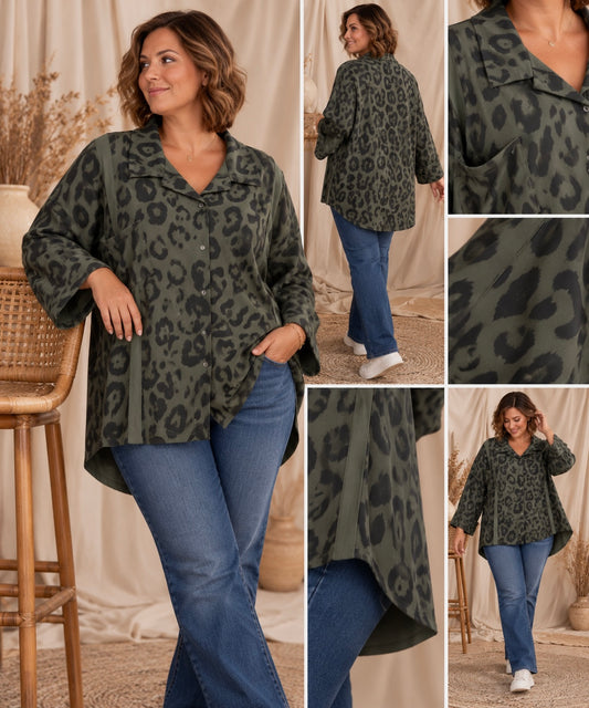 NAMIBIE - CHEMISE OVERSIZE LEOPARD KAKI JUSQU'A LA TAILLE 52