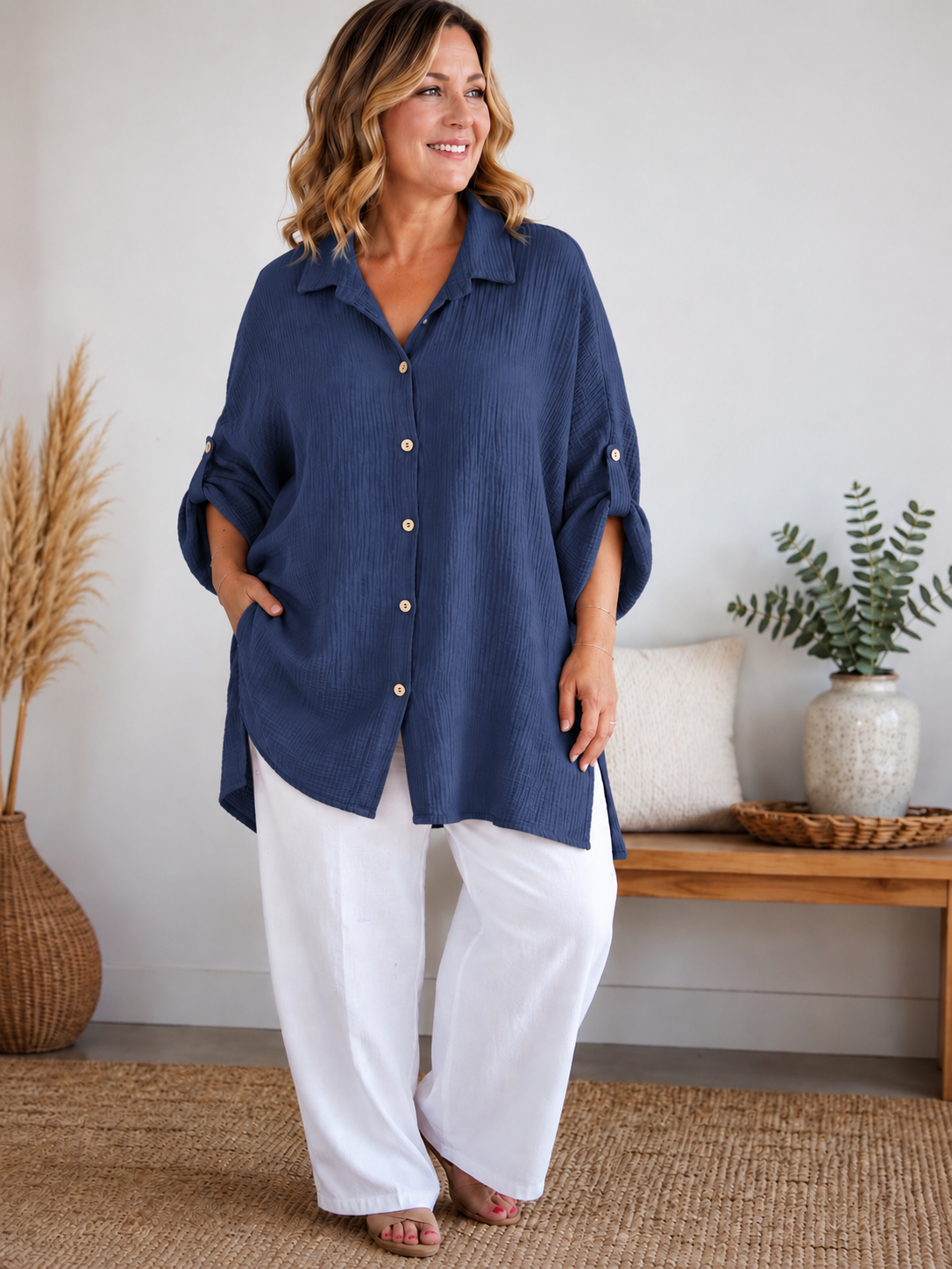 AXELLE - CHEMISE MARINE EN GAZE DE COTON JUSQU'A LA TAILLE 58