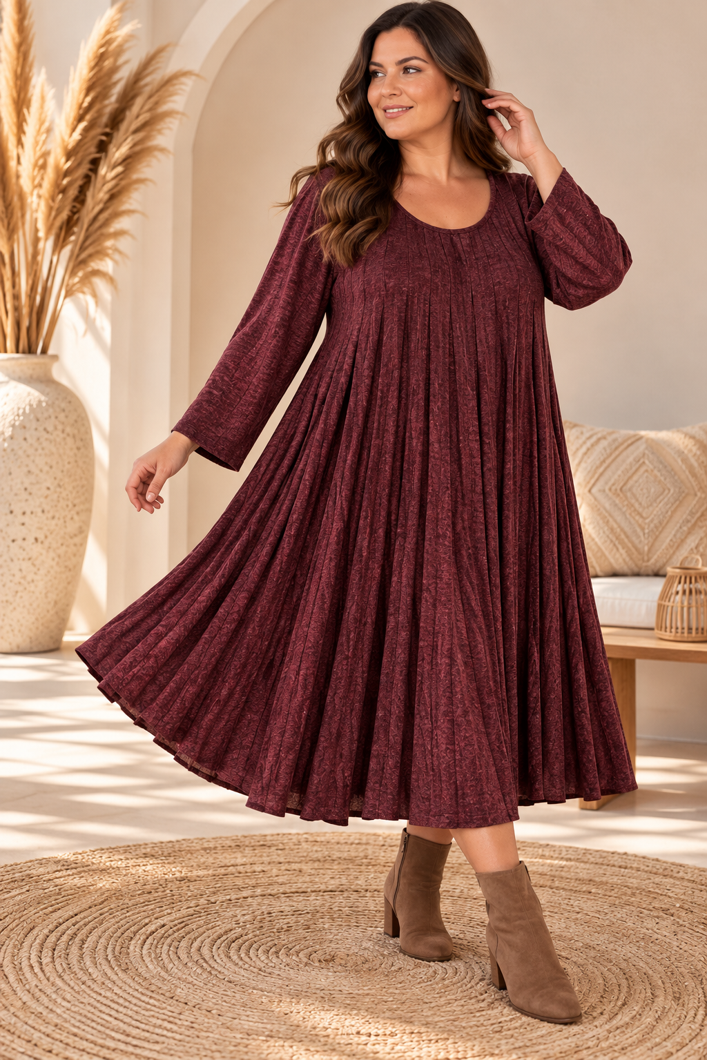 CANDICE - ROBE BORDEAUX PLISSEE JUSQU'A LA TAILLE 54