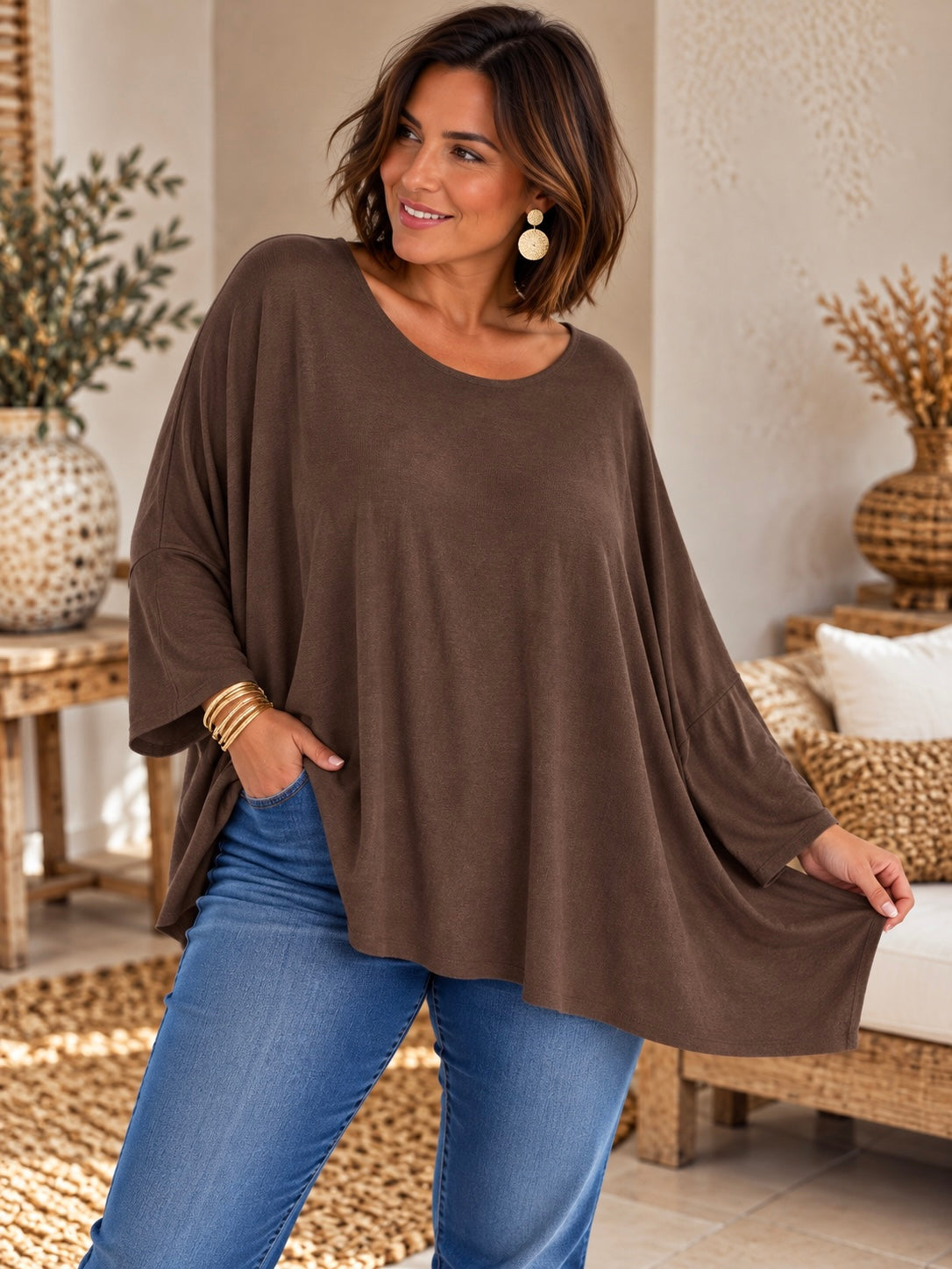CAPRIO - PULL MARRON EN MAILLE FLUIDE JUSQU'A LA TAILLE 54