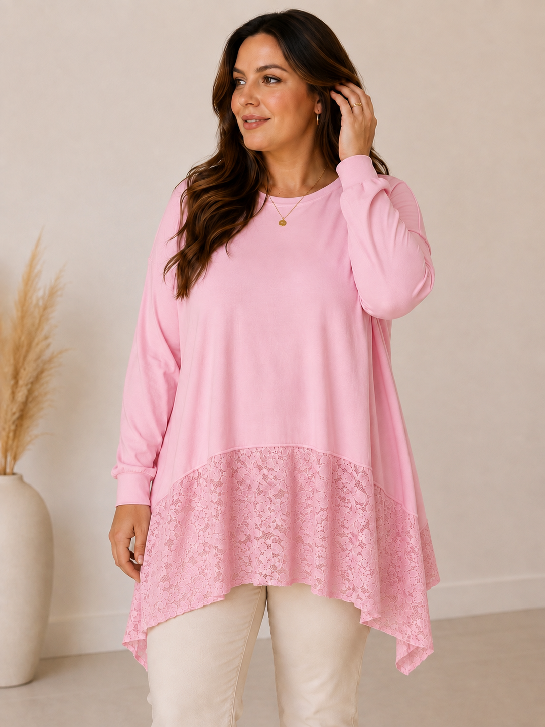 ERIKA  - TUNIQUE ROSE EN COTON AVEC DENTELLE JUSQU'A LA TAILLE 52