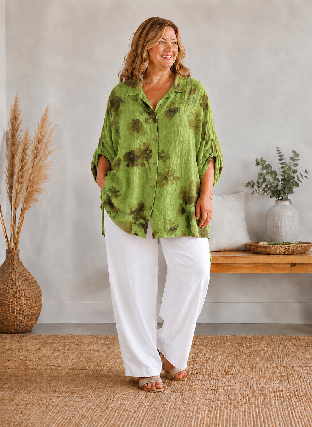 ELLA - CHEMISE VERTE A FLEUR JUSQU'A LA TAILLE 58