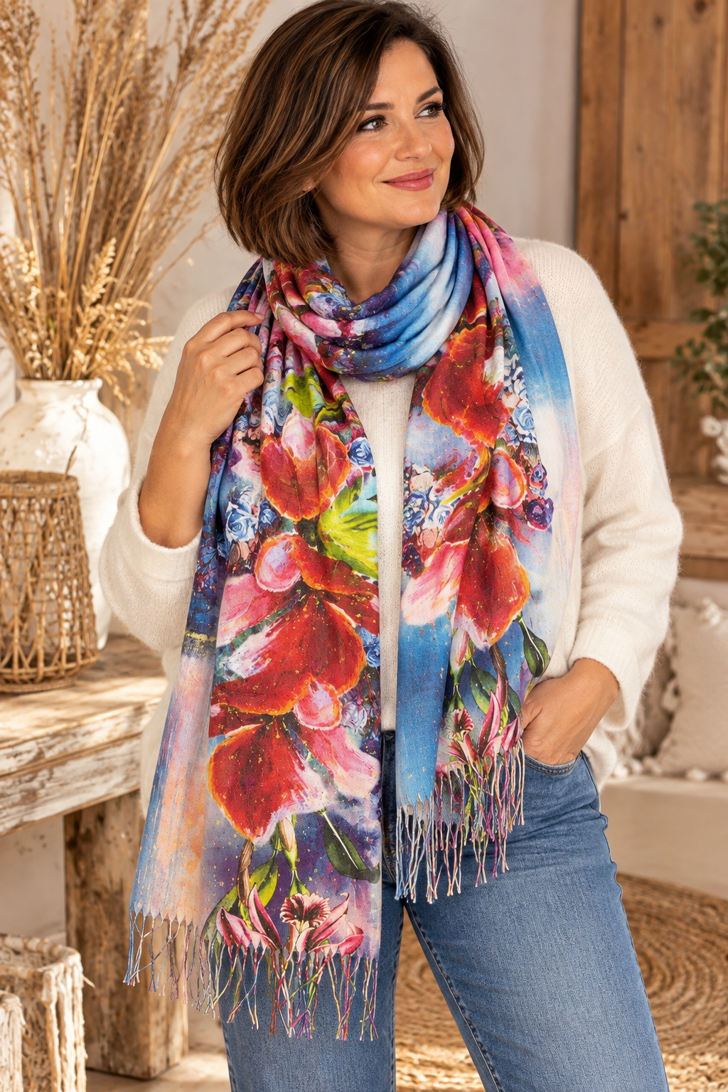 PIVOINE - ECHARPE BLEUE A FLEUR