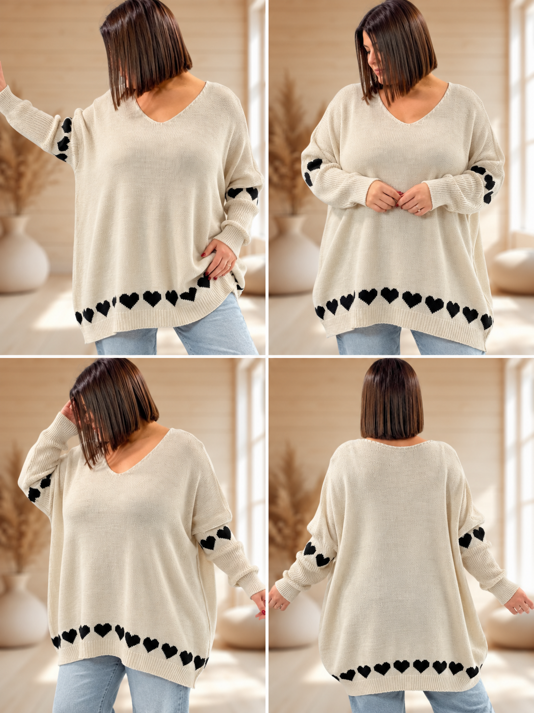 CESARIO- PULL OVERSIZE BEIGE MOTIF COEUR TAILLE 54 A 60