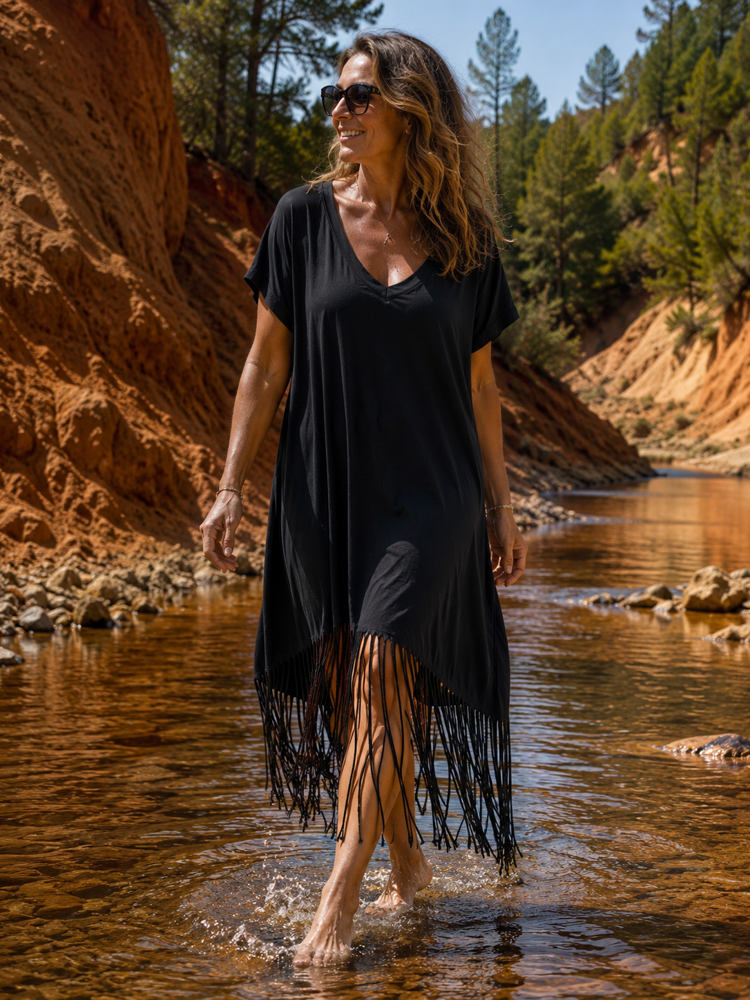 CANYON - ROBE NOIRE AVEC FRANGES JUSQU'A LA TAILLE 54/56