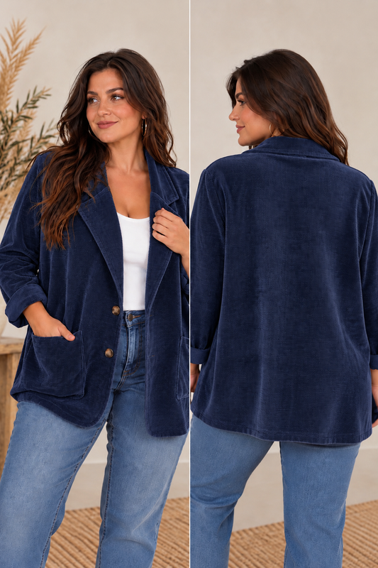 ORNELLA - VESTE MARINE EN VELOURS JUSQU'A LA TAILLE 54